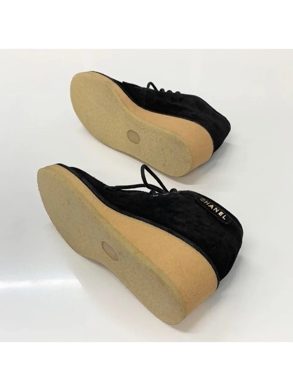 Chanel Suede Logo Wedge Sole Lace-up Shoes Black